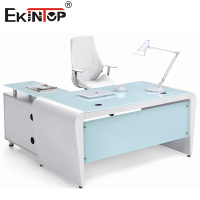 Rechteck-weißer blauer Büro-Computer-Glasdesktop mit Fächern und Lagerung