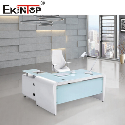 Rechteck-weißer blauer Büro-Computer-Glasdesktop mit Fächern und Lagerung