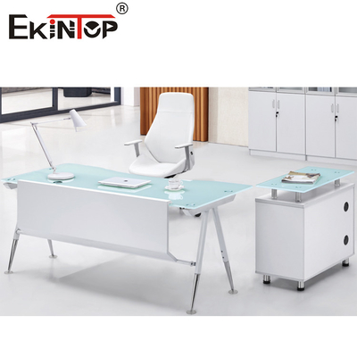 Rechteck-weißer blauer Büro-Computer-Glasdesktop mit Fächern und Lagerung