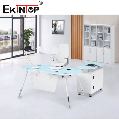 Weißes blaues L Form CEO Office Glass Desk mit Kabinett-glatter Oberfläche