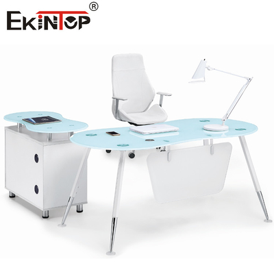 Weißes blaues L Form CEO Office Glass Desk mit Kabinett-glatter Oberfläche