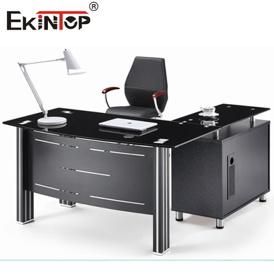 Moderne Glas-Schreibtischplatte mit Metallbeinen und Schubladen-Executive-Glastisch