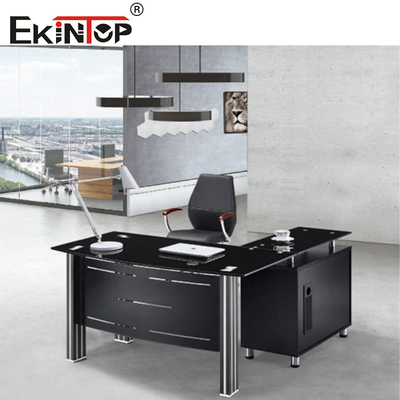 Moderne Glas-Schreibtischplatte mit Metallbeinen und Schubladen-Executive-Glastisch