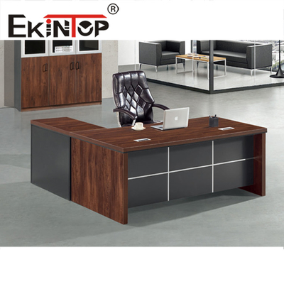 Großer Büro-Schreibtisch aus MDF-Holz, L-förmig, PVC-Kanten, Mahagoni-Farbe